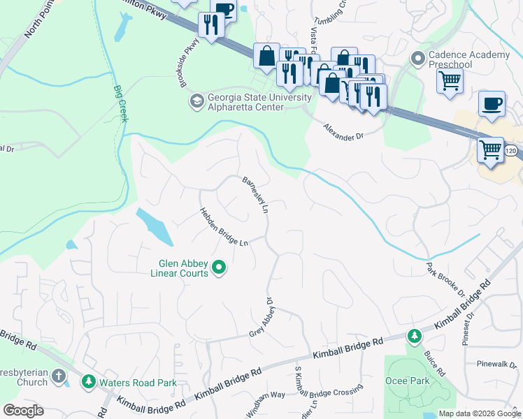 map of restaurants, bars, coffee shops, grocery stores, and more near 490 Barnesley Lane in Alpharetta