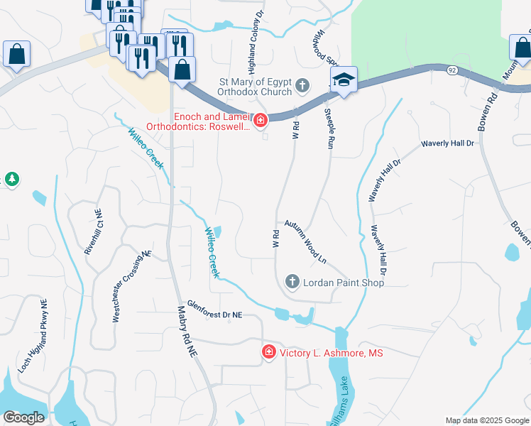 map of restaurants, bars, coffee shops, grocery stores, and more near 1080 Churchill Lane in Roswell