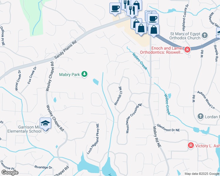 map of restaurants, bars, coffee shops, grocery stores, and more near 4292 Rocky Glen Northeast in Roswell