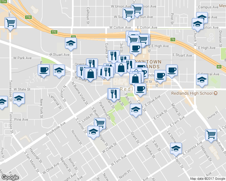 map of restaurants, bars, coffee shops, grocery stores, and more near in Redlands