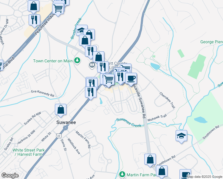 map of restaurants, bars, coffee shops, grocery stores, and more near 340 Town Center Avenue Northwest in Suwanee