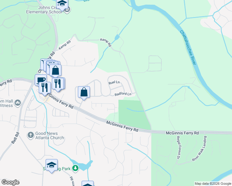 map of restaurants, bars, coffee shops, grocery stores, and more near 8765 Radford Lane in Suwanee