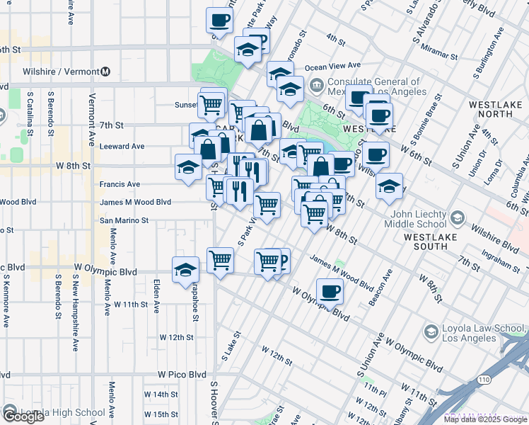 map of restaurants, bars, coffee shops, grocery stores, and more near 826 South Park View Street in Los Angeles