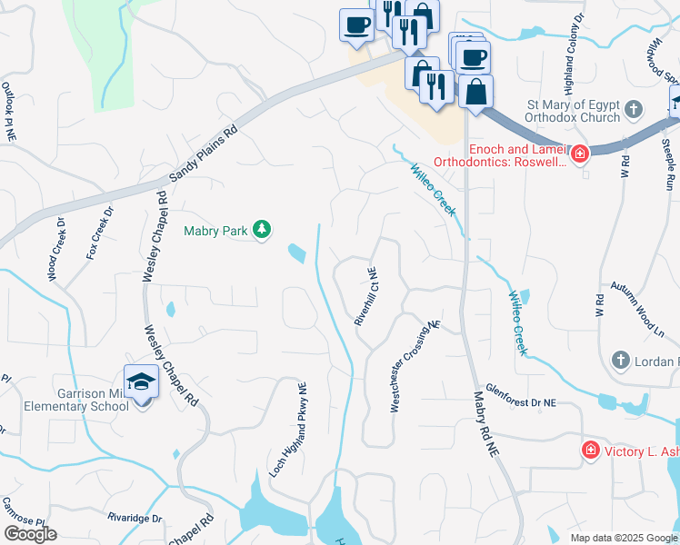 map of restaurants, bars, coffee shops, grocery stores, and more near 4292 Rocky Glen Northeast in Roswell