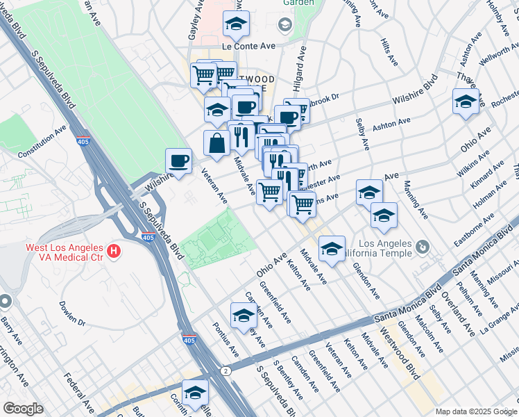 map of restaurants, bars, coffee shops, grocery stores, and more near 1350 Kelton Avenue in Los Angeles