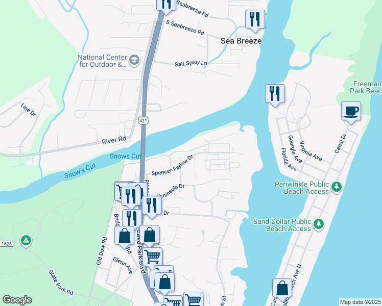 map of restaurants, bars, coffee shops, grocery stores, and more near 314 Spencer-Farlow Drive in Carolina Beach