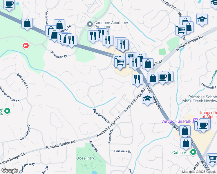 map of restaurants, bars, coffee shops, grocery stores, and more near 1008 Stream Valley Court in Alpharetta