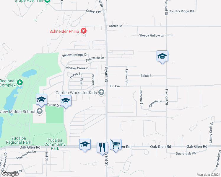 map of restaurants, bars, coffee shops, grocery stores, and more near 10917 Bryant Street in Yucaipa