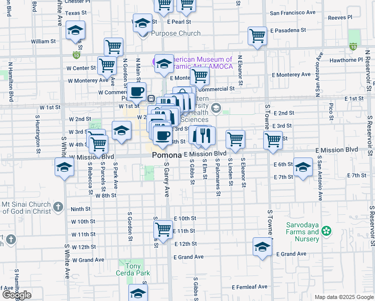map of restaurants, bars, coffee shops, grocery stores, and more near 208 4th Street in Pomona