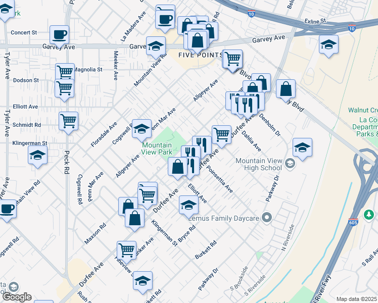 map of restaurants, bars, coffee shops, grocery stores, and more near 2712 Maxson Road in El Monte