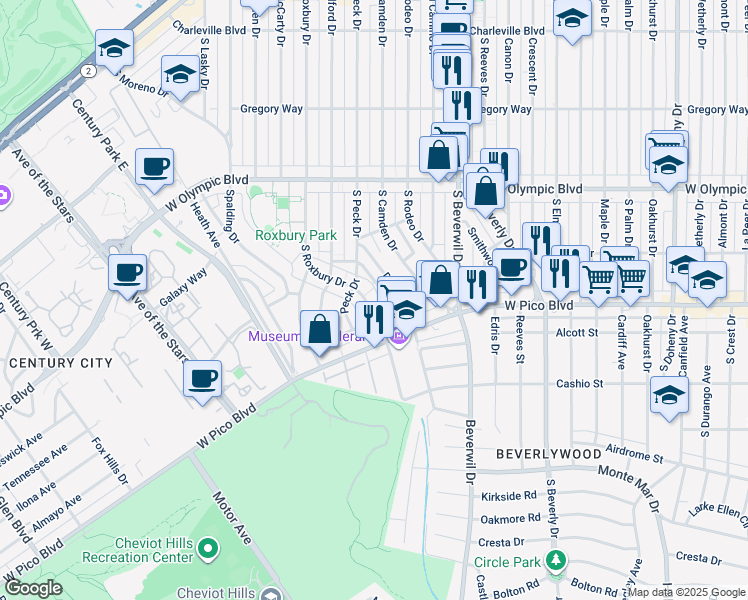 map of restaurants, bars, coffee shops, grocery stores, and more near 1318 South Roxbury Drive in Los Angeles
