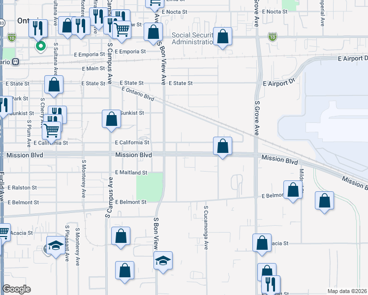 map of restaurants, bars, coffee shops, grocery stores, and more near 1004 East California Street in Ontario