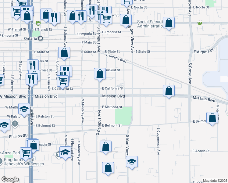 map of restaurants, bars, coffee shops, grocery stores, and more near 764 East California Street in Ontario