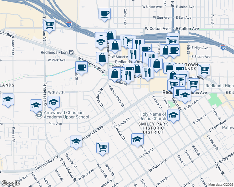 map of restaurants, bars, coffee shops, grocery stores, and more near 50 North Buena Vista Street in Redlands