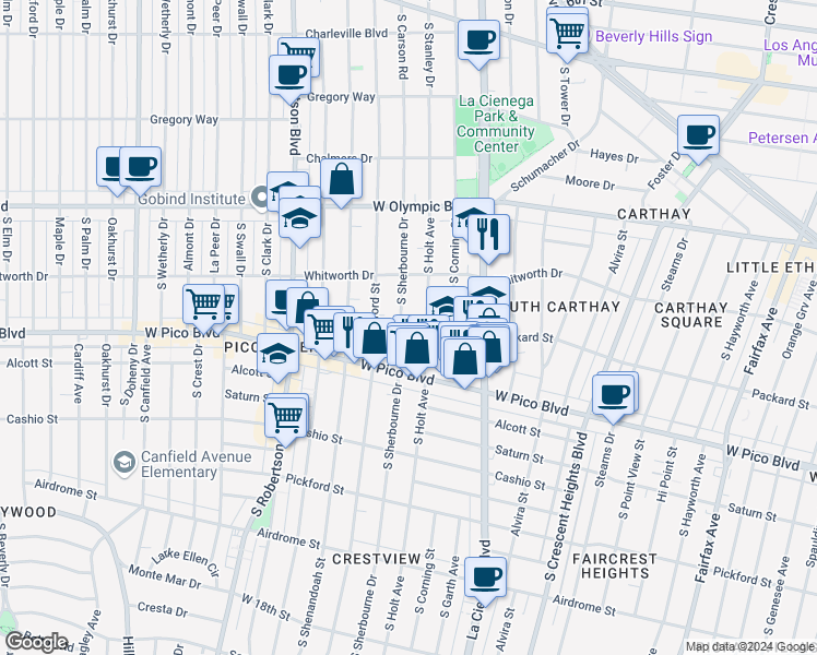 map of restaurants, bars, coffee shops, grocery stores, and more near 1206 South Sherbourne Drive in Los Angeles