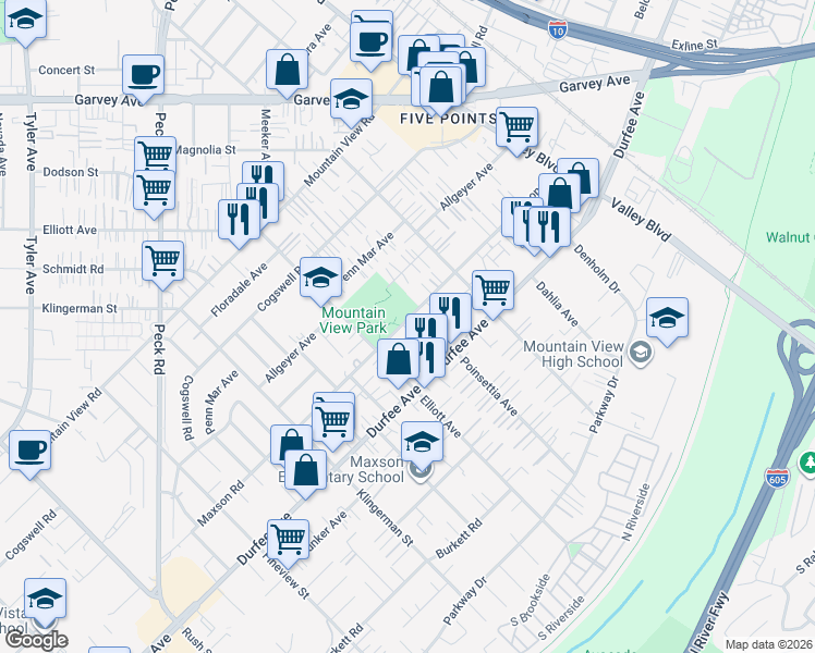map of restaurants, bars, coffee shops, grocery stores, and more near 2646 Maxson Road in El Monte