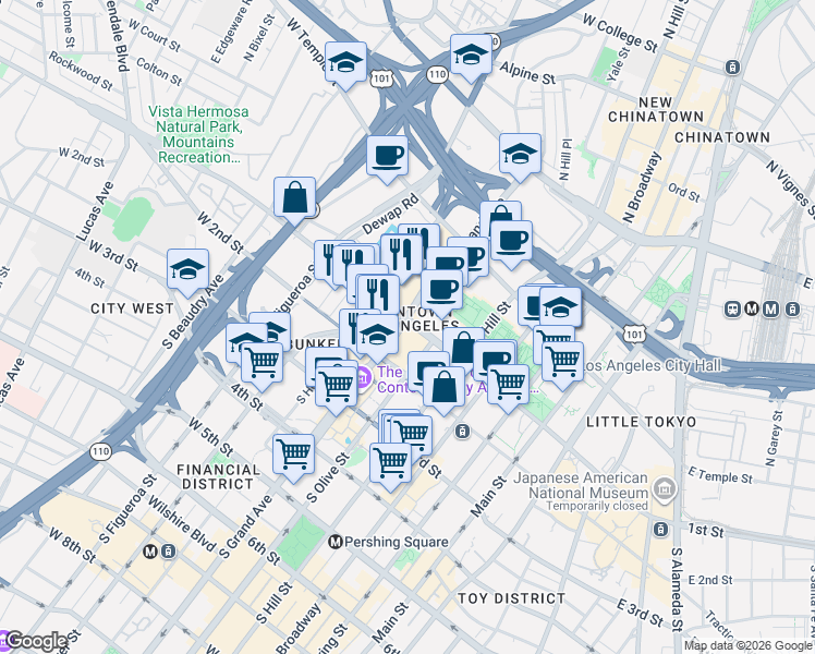 map of restaurants, bars, coffee shops, grocery stores, and more near 524 West 1st Street in Los Angeles