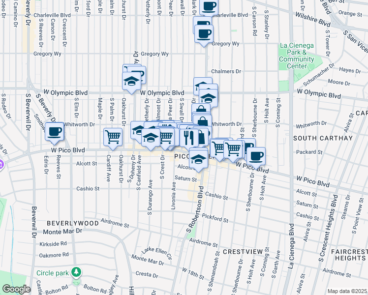 map of restaurants, bars, coffee shops, grocery stores, and more near 8881 West Pico Boulevard in Los Angeles