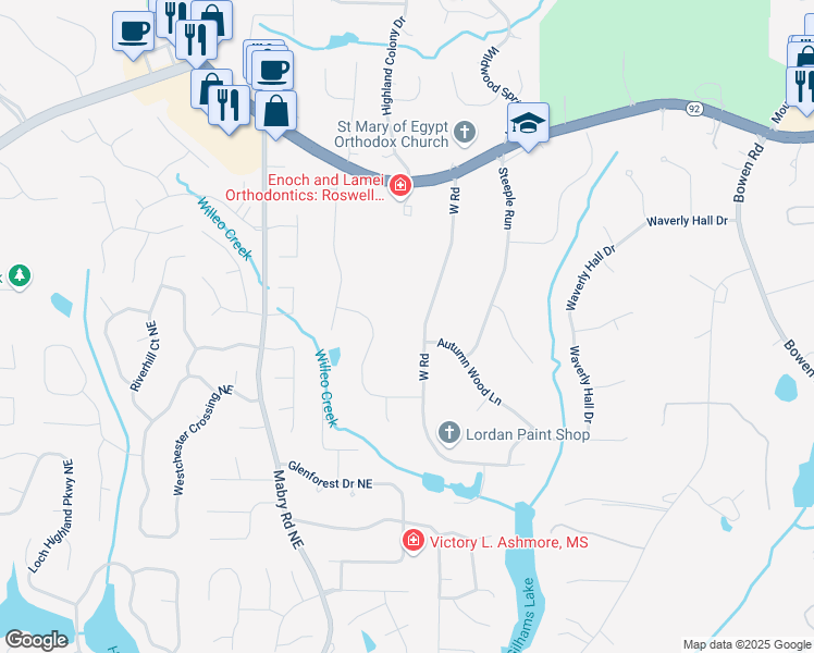 map of restaurants, bars, coffee shops, grocery stores, and more near 1080 Churchill Lane in Roswell