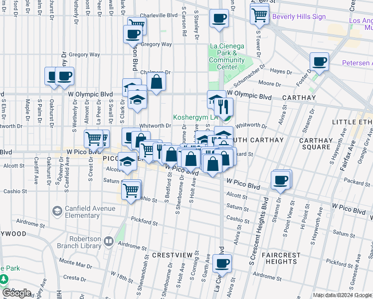map of restaurants, bars, coffee shops, grocery stores, and more near 1206 South Sherbourne Drive in Los Angeles
