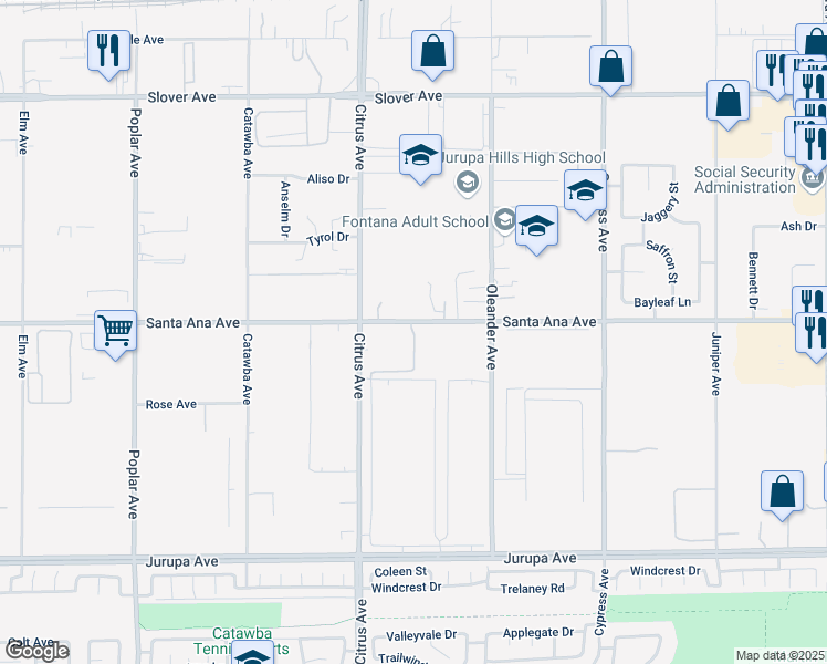 map of restaurants, bars, coffee shops, grocery stores, and more near 16153 Santa Ana Avenue in Fontana