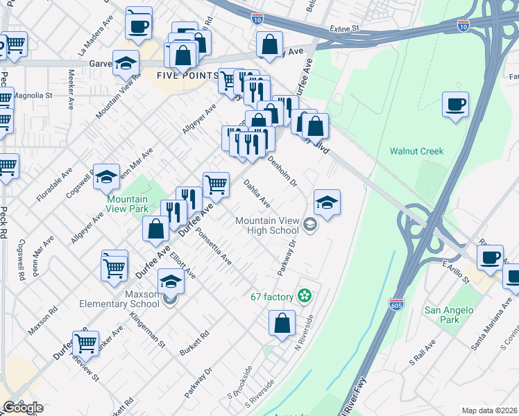 map of restaurants, bars, coffee shops, grocery stores, and more near 12364 Dahlia Avenue in El Monte