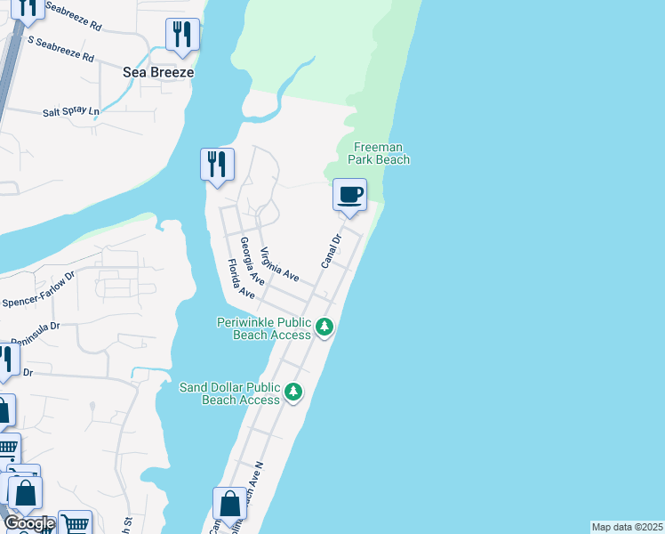 map of restaurants, bars, coffee shops, grocery stores, and more near 101 Sea Oats Lane in Carolina Beach