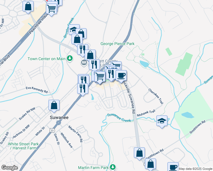 map of restaurants, bars, coffee shops, grocery stores, and more near 330 Town Center Avenue Northwest in Suwanee
