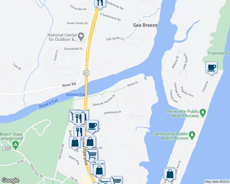 map of restaurants, bars, coffee shops, grocery stores, and more near 314 Spencer-Farlow Drive in Carolina Beach