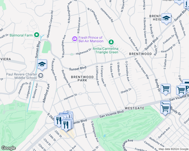 map of restaurants, bars, coffee shops, grocery stores, and more near 151 South Cliffwood Avenue in Los Angeles