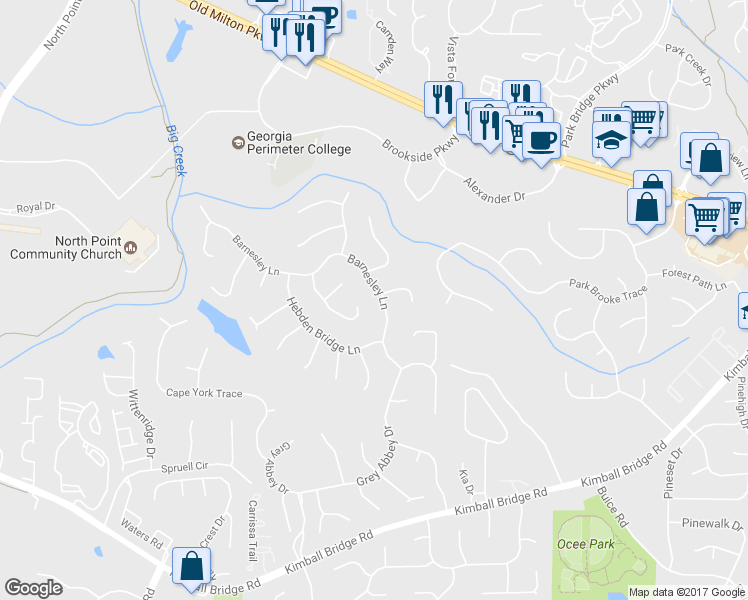 map of restaurants, bars, coffee shops, grocery stores, and more near 490 Barnesley Lane in Alpharetta
