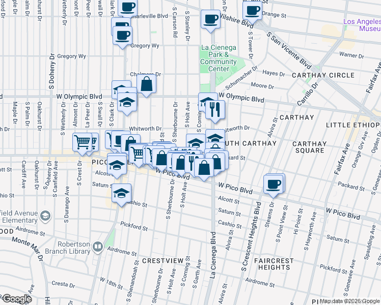 map of restaurants, bars, coffee shops, grocery stores, and more near 1206 South Holt Avenue in Los Angeles