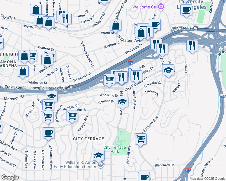 map of restaurants, bars, coffee shops, grocery stores, and more near 3932 City Terrace Drive in Los Angeles