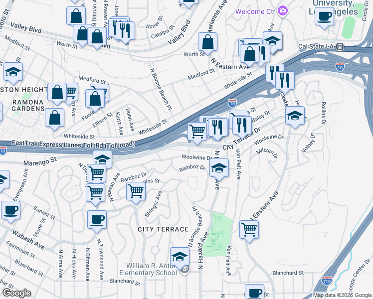 map of restaurants, bars, coffee shops, grocery stores, and more near 3864 City Terrace Drive in Los Angeles