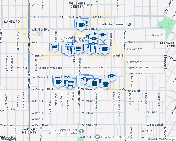 map of restaurants, bars, coffee shops, grocery stores, and more near 910 South Mariposa Avenue in Los Angeles