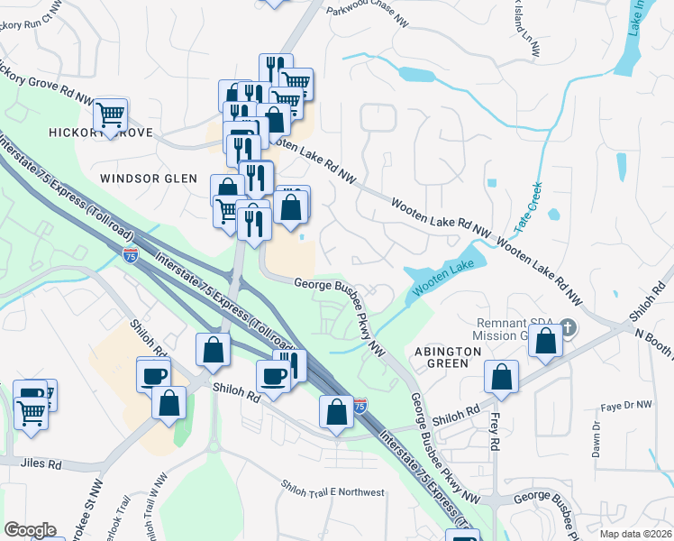 map of restaurants, bars, coffee shops, grocery stores, and more near 4119 Glenlake Terrace Northwest in Kennesaw