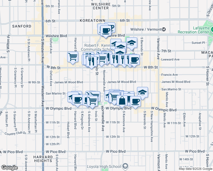 map of restaurants, bars, coffee shops, grocery stores, and more near 908 Normandie Avenue in Los Angeles
