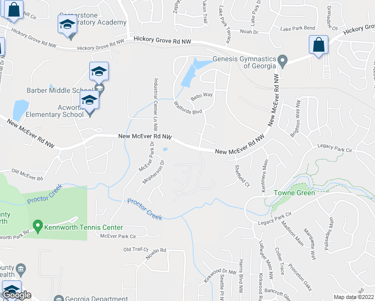 map of restaurants, bars, coffee shops, grocery stores, and more near 3293 New McEver Road Northwest in Acworth