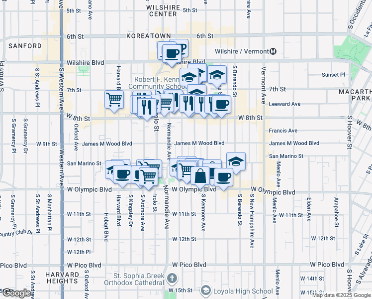 map of restaurants, bars, coffee shops, grocery stores, and more near 871 South Mariposa Avenue in Los Angeles