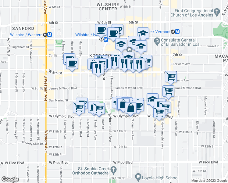 map of restaurants, bars, coffee shops, grocery stores, and more near 908 Normandie Avenue in Los Angeles