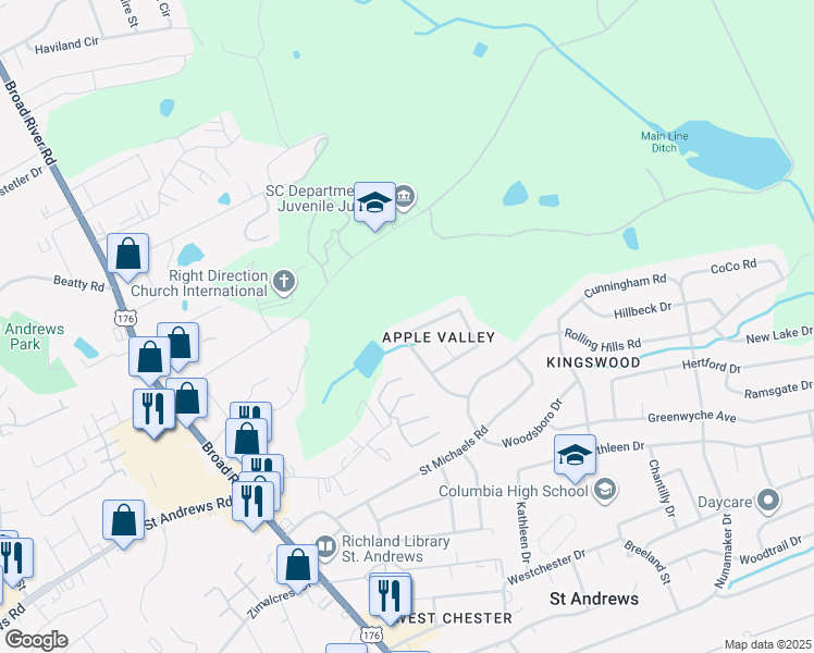 map of restaurants, bars, coffee shops, grocery stores, and more near 2109 Apple Valley Road in Columbia
