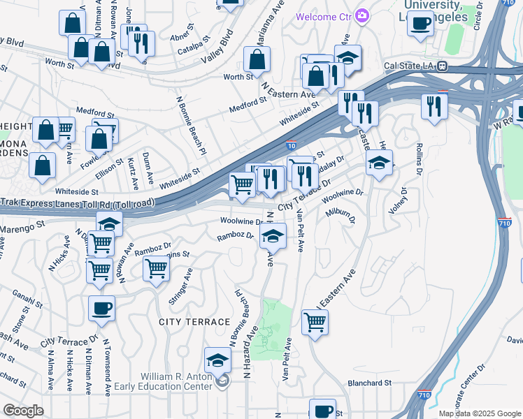 map of restaurants, bars, coffee shops, grocery stores, and more near in East Los Angeles