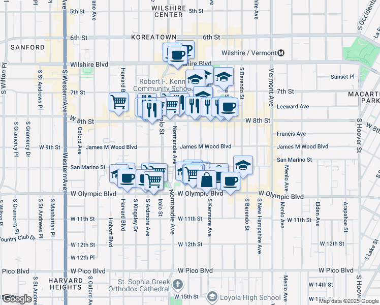 map of restaurants, bars, coffee shops, grocery stores, and more near 910 South Mariposa Avenue in Los Angeles
