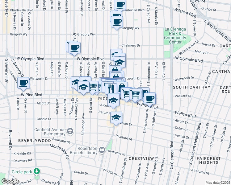 map of restaurants, bars, coffee shops, grocery stores, and more near 1147 South Robertson Boulevard in Los Angeles