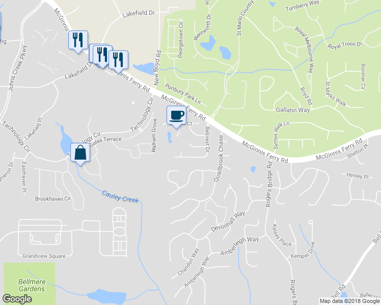 map of restaurants, bars, coffee shops, grocery stores, and more near 7189 Belcrest Drive in Duluth