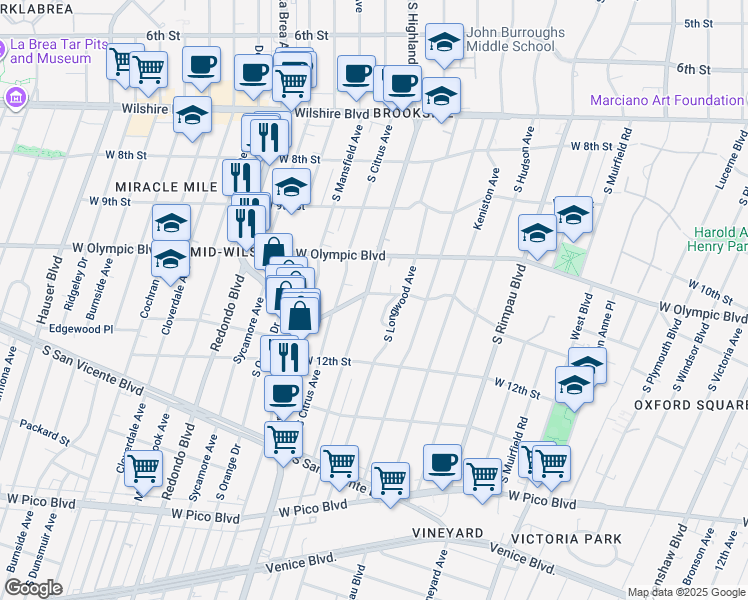 map of restaurants, bars, coffee shops, grocery stores, and more near 1100 South Highland Avenue in Los Angeles
