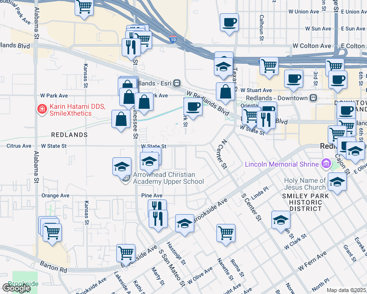map of restaurants, bars, coffee shops, grocery stores, and more near 1234 West State Street in Redlands