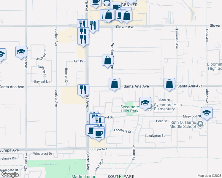 map of restaurants, bars, coffee shops, grocery stores, and more near 107 Production Avenue in Fontana