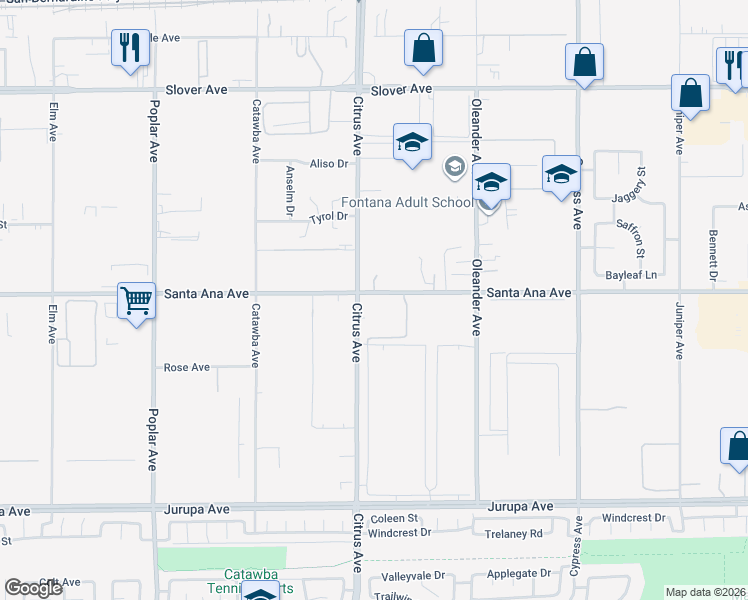 map of restaurants, bars, coffee shops, grocery stores, and more near 16140 Santa Ana Avenue in Fontana