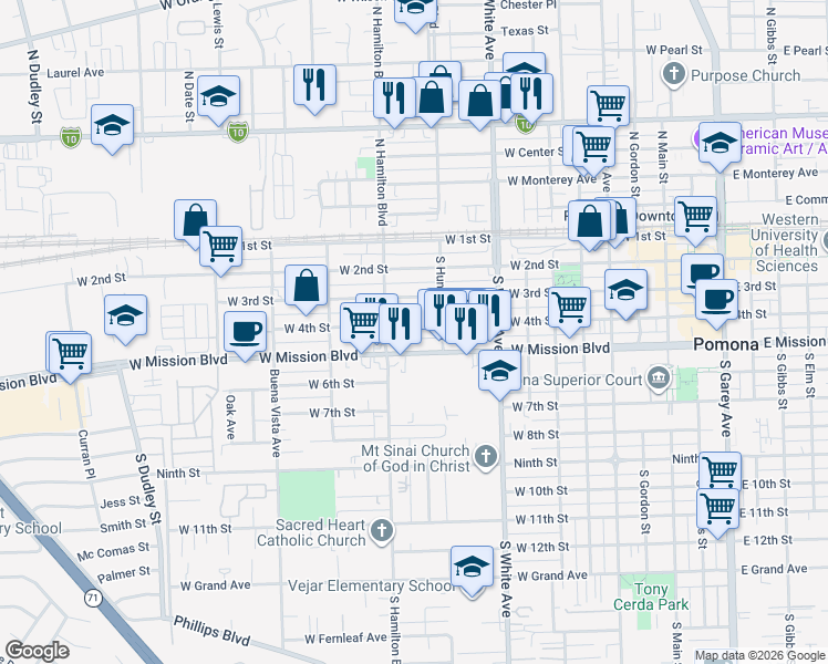 map of restaurants, bars, coffee shops, grocery stores, and more near 1043 West 4th Street in Pomona